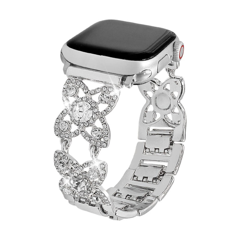 Damesarmband voor Apple Watch van metaal, met klavermotief bezet met fonkelende zirkonia, sierlijke schakel, model Yadna