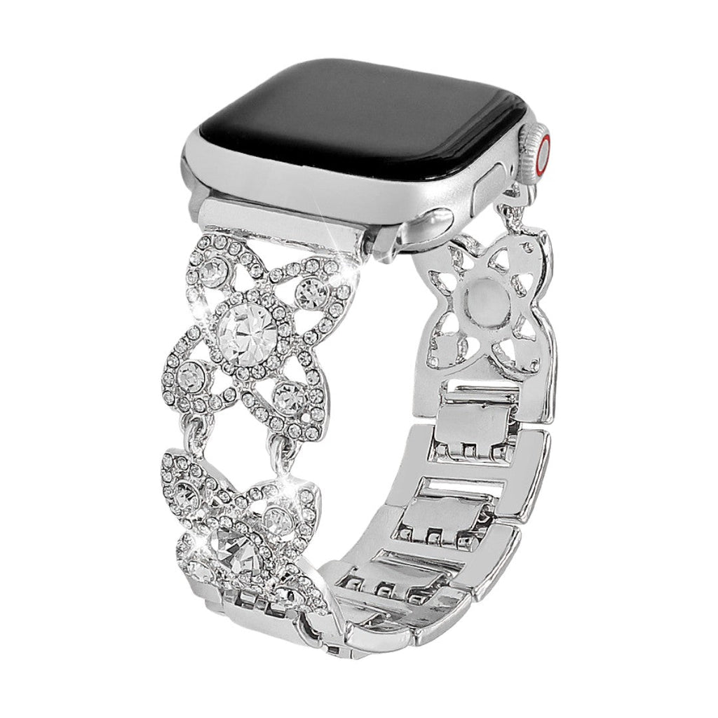 Damesarmband voor Apple Watch van metaal, met klavermotief bezet met fonkelende zirkonia, sierlijke schakel, model Yadna