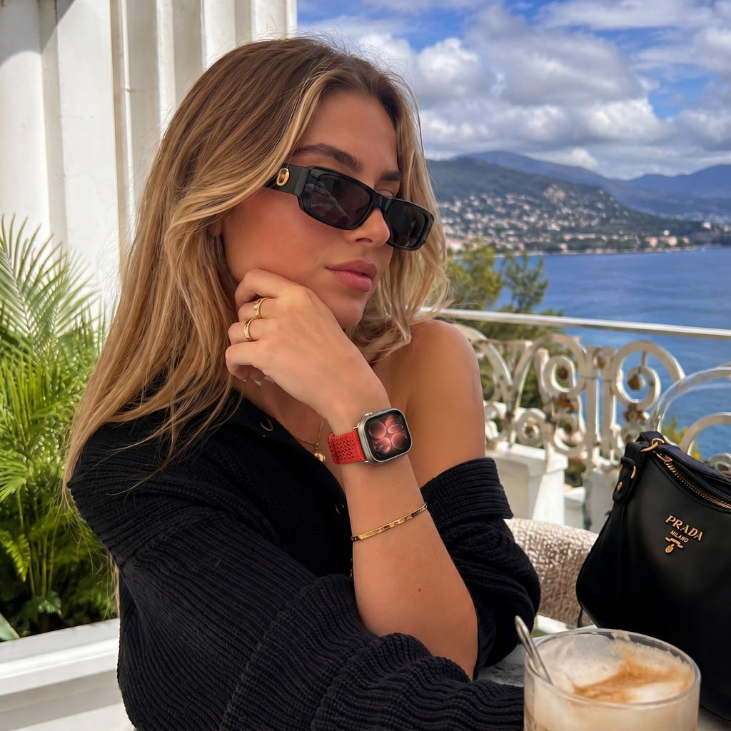 Pulsera para Apple Watch de mujer en nailon trenzado y transpirable, con hebilla de acero inoxidable, compatible con todas las series, disponible en rojo vivo, azul marino, beige y gris pizarra, modelo Urtia