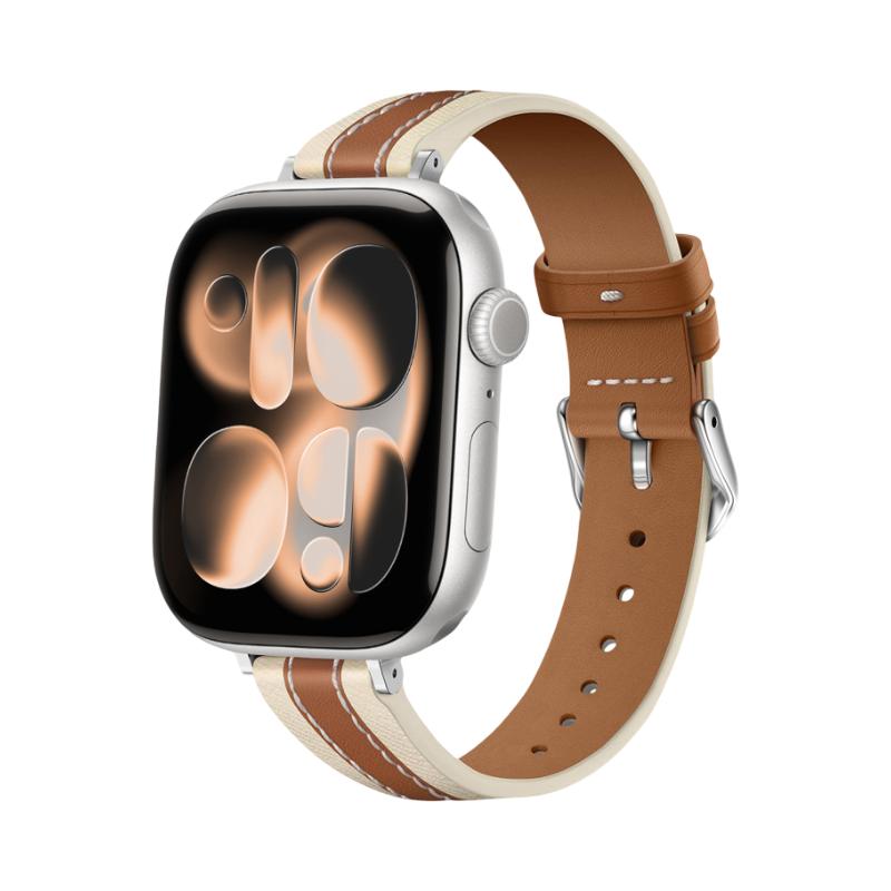 Brățară pentru Apple Watch damă din silicon bicolor, cu cataramă tip ardillon din oțel inoxidabil, cusătură tip sellerie, compatibilă cu toate seriile, model Warna