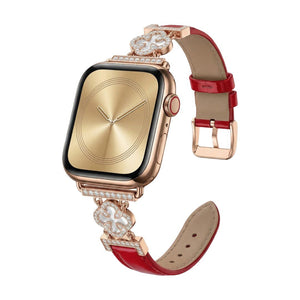 Bracelet Apple Watch femme en simili cuir vernis, motif trèfle pavé de zircon, alliage doré élégant, modèle Circé