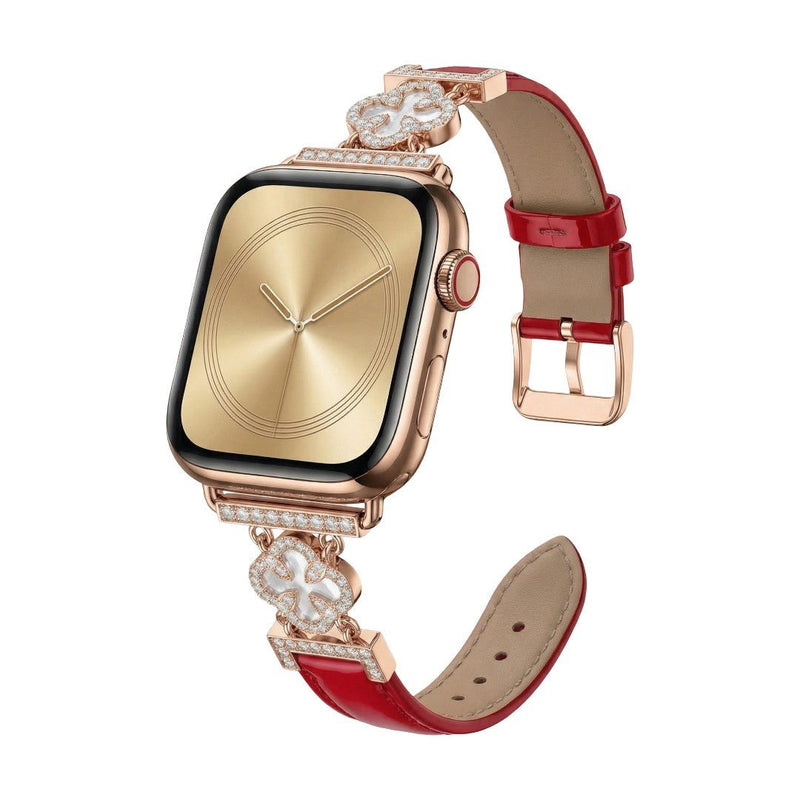 Bracelet Apple Watch femme en simili cuir vernis, motif trèfle pavé de zircon, alliage doré élégant, modèle Circé