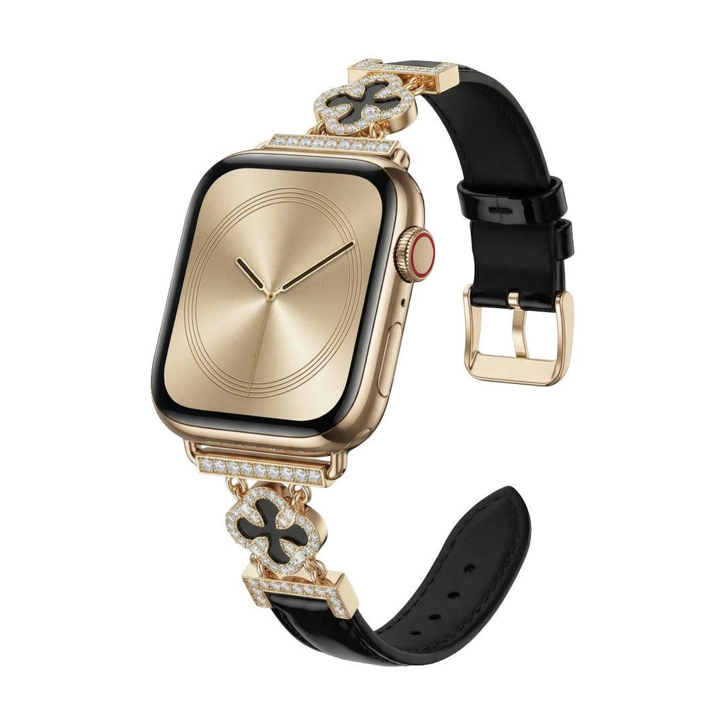 Bracelet Apple Watch femme en simili cuir vernis, motif trèfle pavé de zircon, alliage doré élégant, modèle Circé
