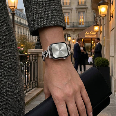 Women's Apple Watch Bracelet in Patent Faux Leather, Clover Motif with Paved Zircon, Elegant Gold-Tone Alloy, Circé Model