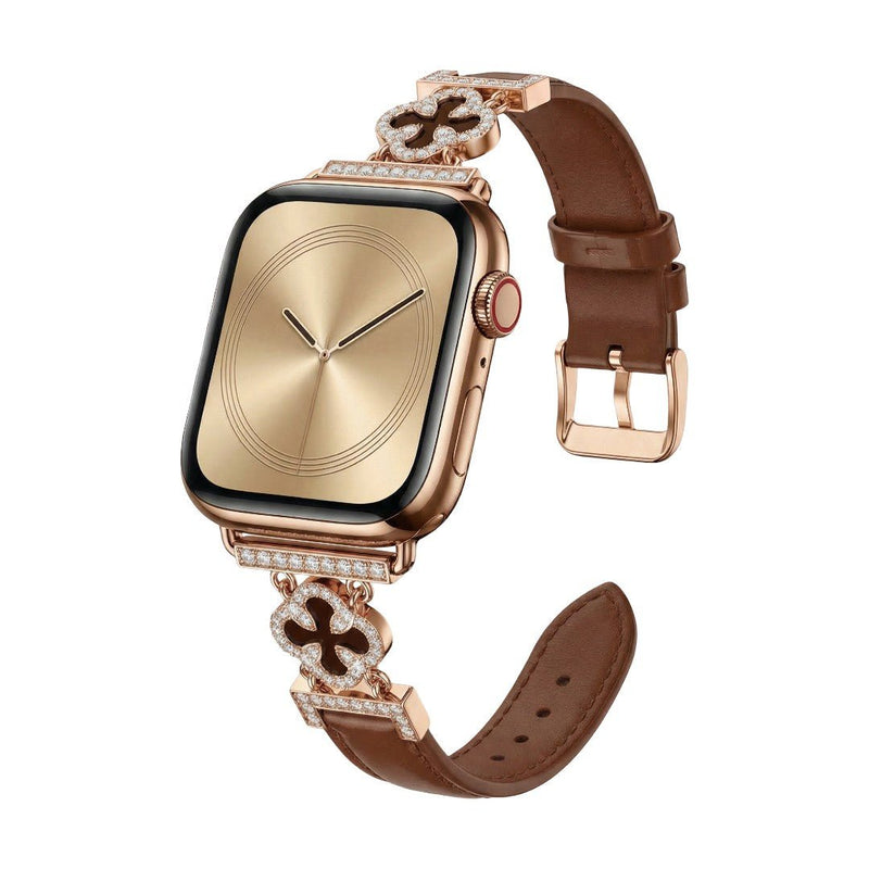 Bracelet Apple Watch femme en simili cuir vernis, motif trèfle pavé de zircon, alliage doré élégant, modèle Circé