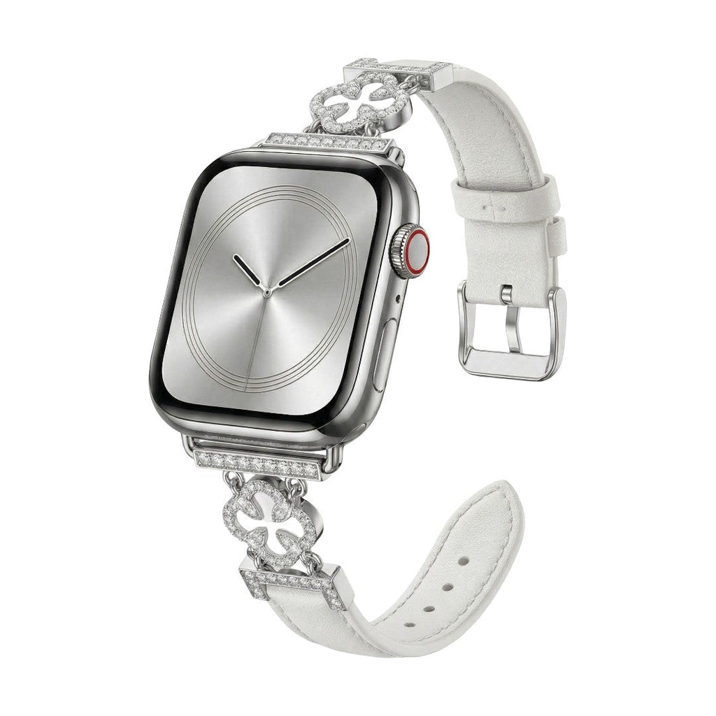 Bracelet Apple Watch femme en simili cuir vernis, motif trèfle pavé de zircon, alliage doré élégant, modèle Circé