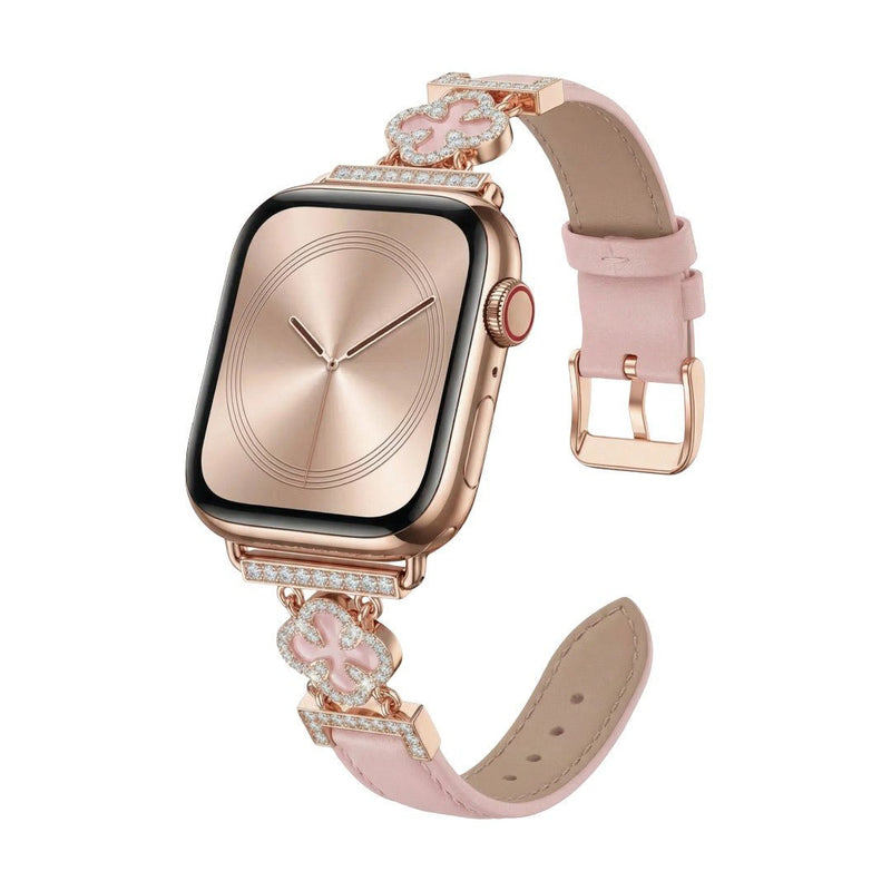 Bracelet Apple Watch femme en simili cuir vernis, motif trèfle pavé de zircon, alliage doré élégant, modèle Circé