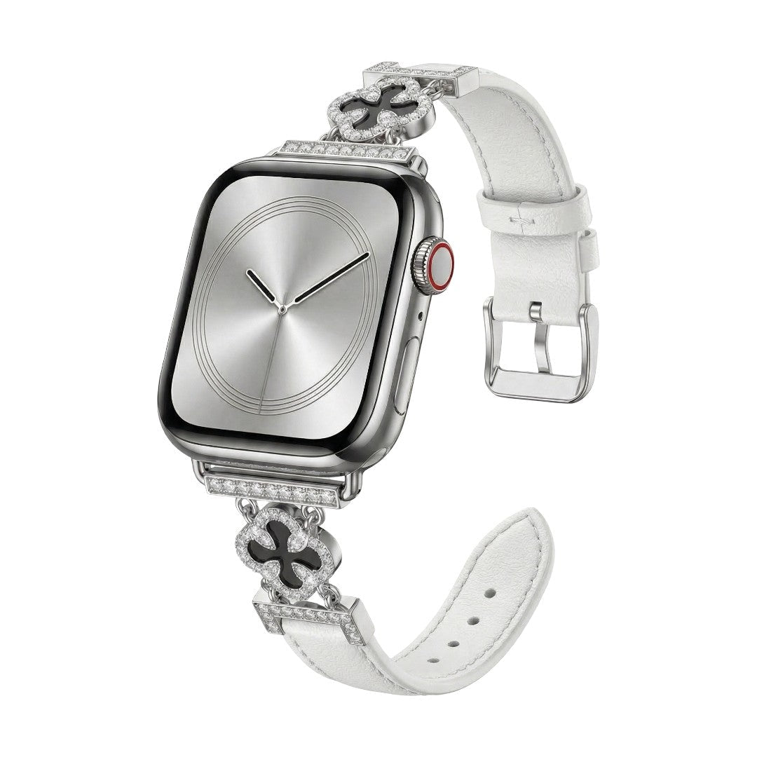 Bracelet Apple Watch femme en simili cuir vernis, motif trèfle pavé de zircon, alliage doré élégant, modèle Circé