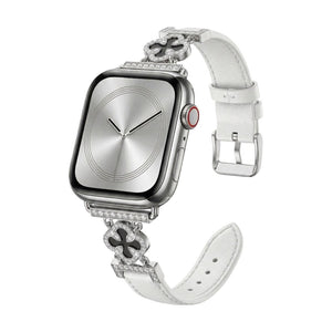 Bracelet Apple Watch femme en simili cuir vernis, motif trèfle pavé de zircon, alliage doré élégant, modèle Circé