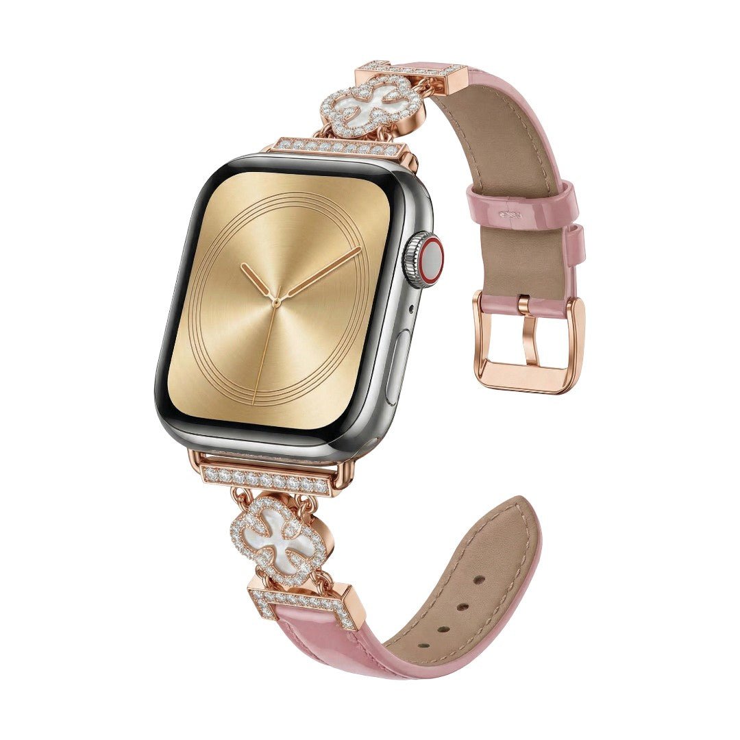 Bracelet Apple Watch femme en simili cuir vernis, motif trèfle pavé de zircon, alliage doré élégant, modèle Circé