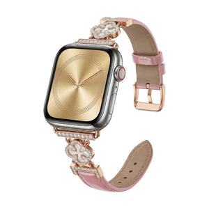 Bracelet Apple Watch femme en simili cuir vernis, motif trèfle pavé de zircon, alliage doré élégant, modèle Circé
