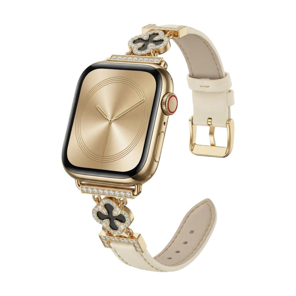 Bracelet Apple Watch femme en simili cuir vernis, motif trèfle pavé de zircon, alliage doré élégant, modèle Circé