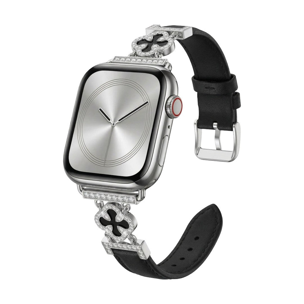 Bracelet Apple Watch femme en simili cuir vernis, motif trèfle pavé de zircon, alliage doré élégant, modèle Circé