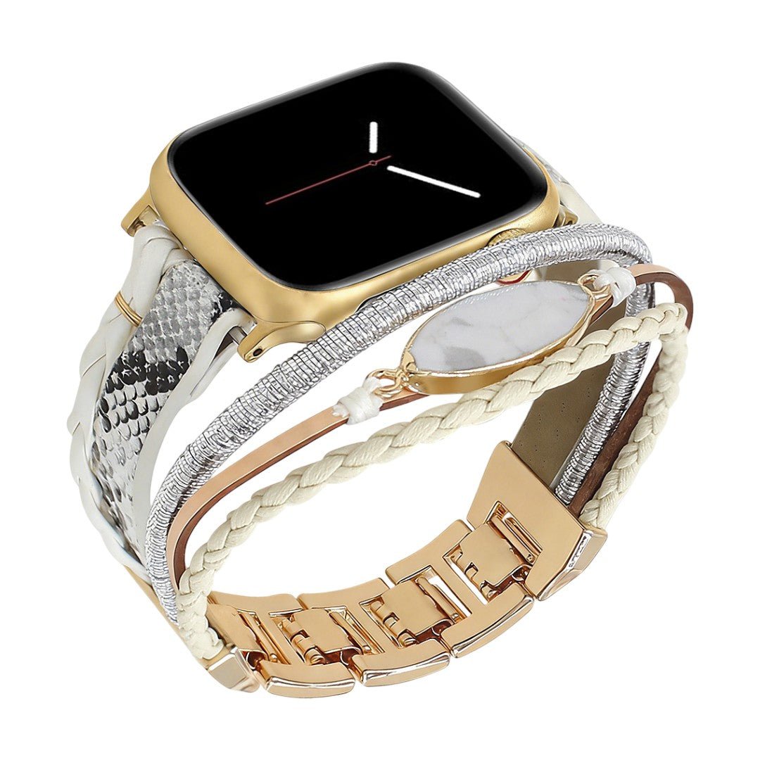 Bracelet Apple Watch femme, lanières croisées, effet peau de serpent, alliage robuste, finition élégante, modèle Harmosa