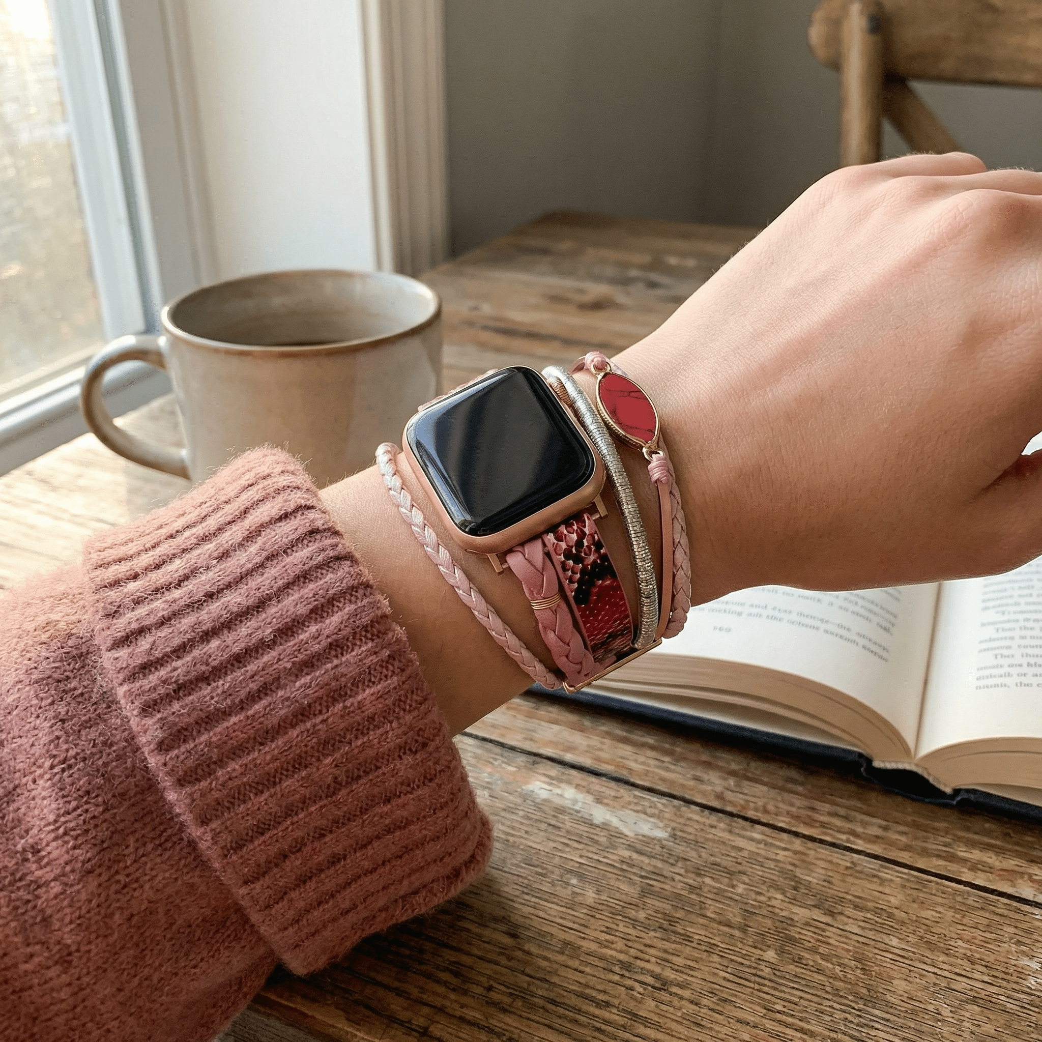 Bracelet Apple Watch femme, lanières croisées, effet peau de serpent, alliage robuste, finition élégante, modèle Harmosa