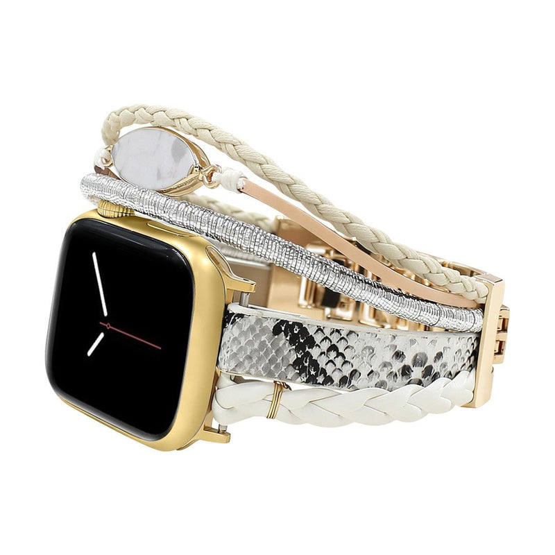 Bracelet Apple Watch femme, lanières croisées, effet peau de serpent, alliage robuste, finition élégante, modèle Harmosa