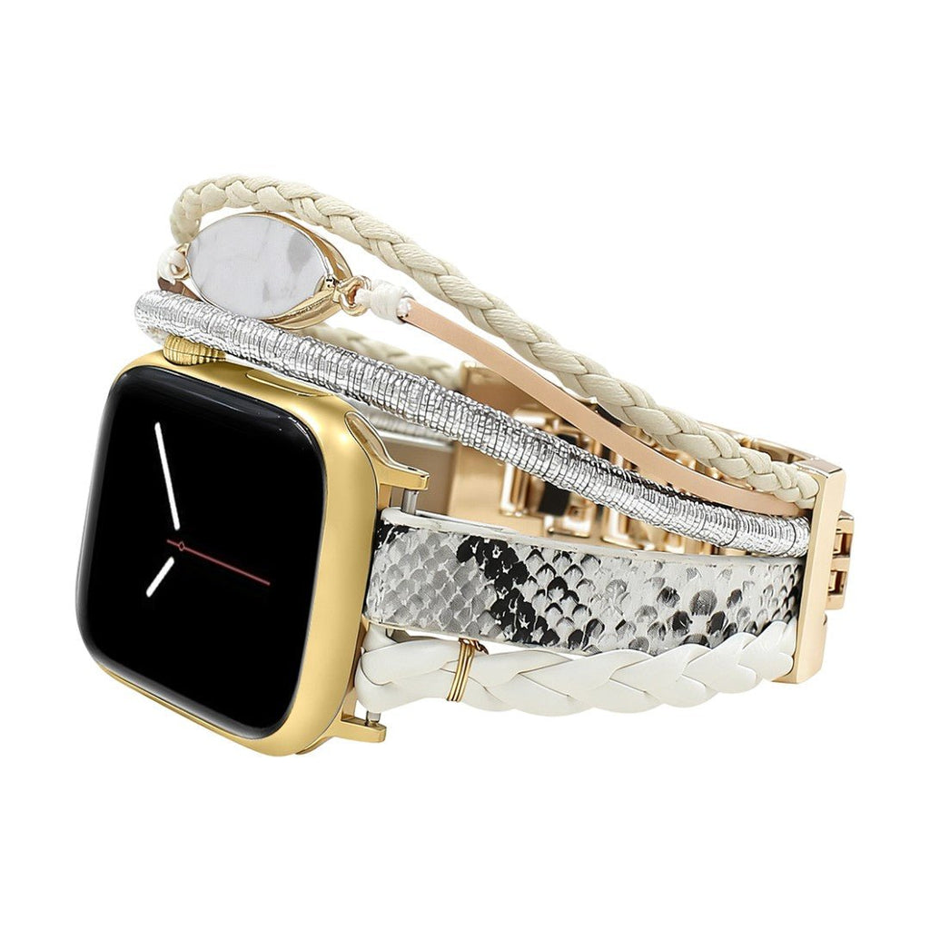 Bracelet Apple Watch femme, lanières croisées, effet peau de serpent, alliage robuste, finition élégante, modèle Harmosa