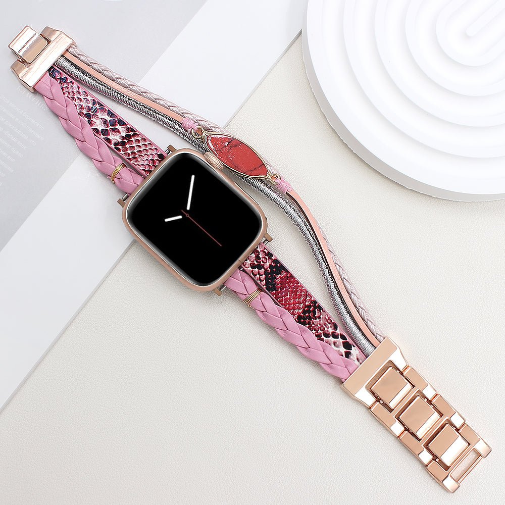 Bracelet Apple Watch femme, lanières croisées, effet peau de serpent, alliage robuste, finition élégante, modèle Harmosa