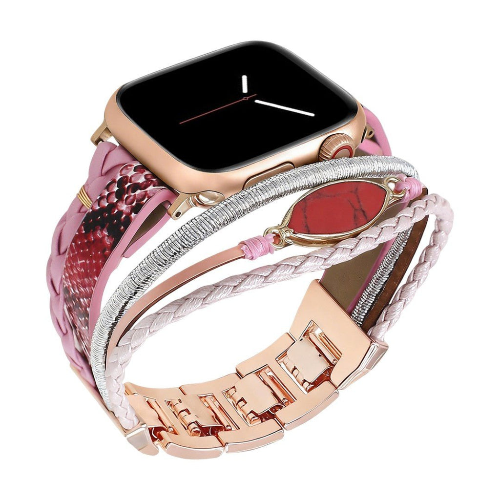 Bracelet Apple Watch femme, lanières croisées, effet peau de serpent, alliage robuste, finition élégante, modèle Harmosa