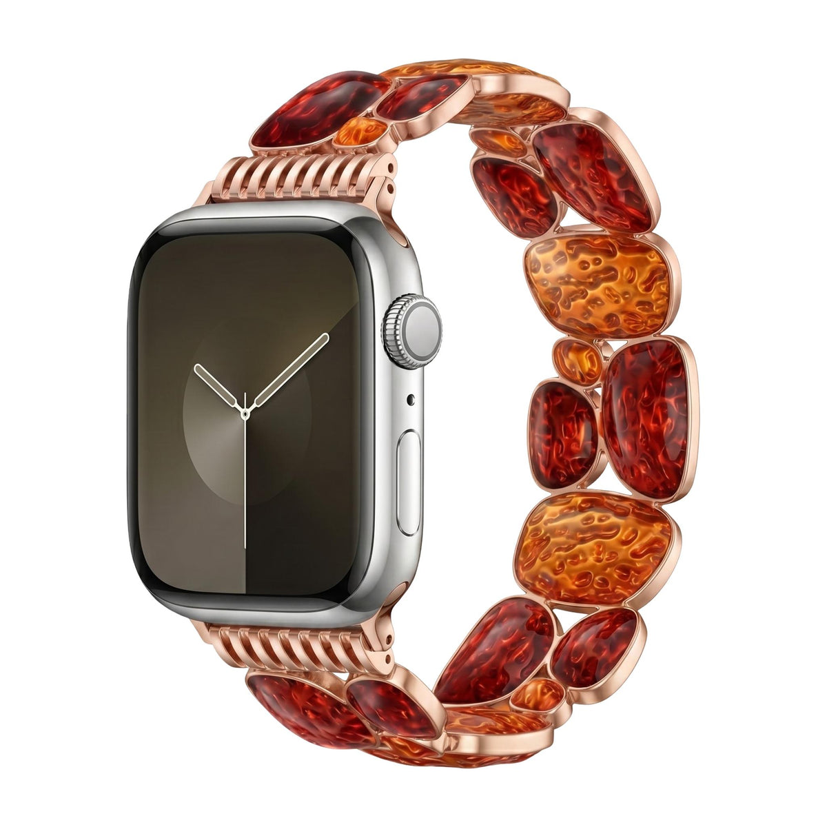 Bracelet Apple Watch femme, maillons en résine ambrée, finition métallique, confort élastique, style chic, modèle Agarte