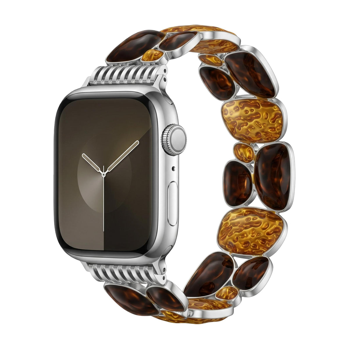 Bracelet Apple Watch femme, maillons en résine ambrée, finition métallique, confort élastique, style chic, modèle Agarte