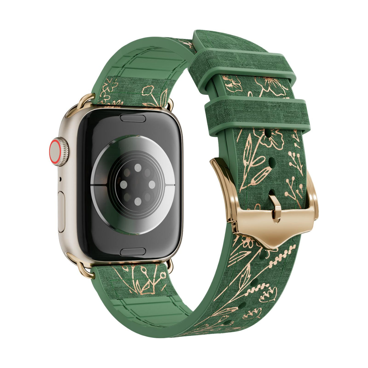 Apple Watch Armband aus Silikon, mit goldenem Blumenmuster bedruckt, Dornschließe, Modell Jendie