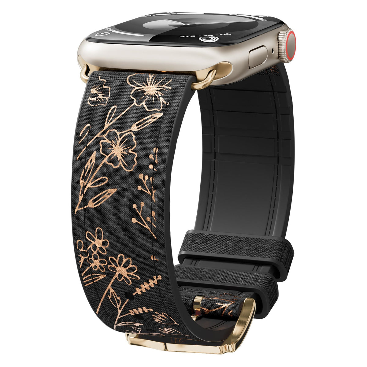 Apple Watch Armband aus Silikon, mit goldenem Blumenmuster bedruckt, Dornschließe, Modell Jendie