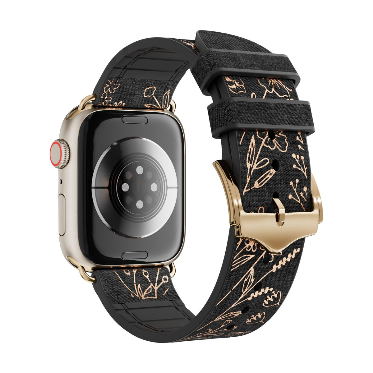 Apple Watch Armband aus Silikon, mit goldenem Blumenmuster bedruckt, Dornschließe, Modell Jendie