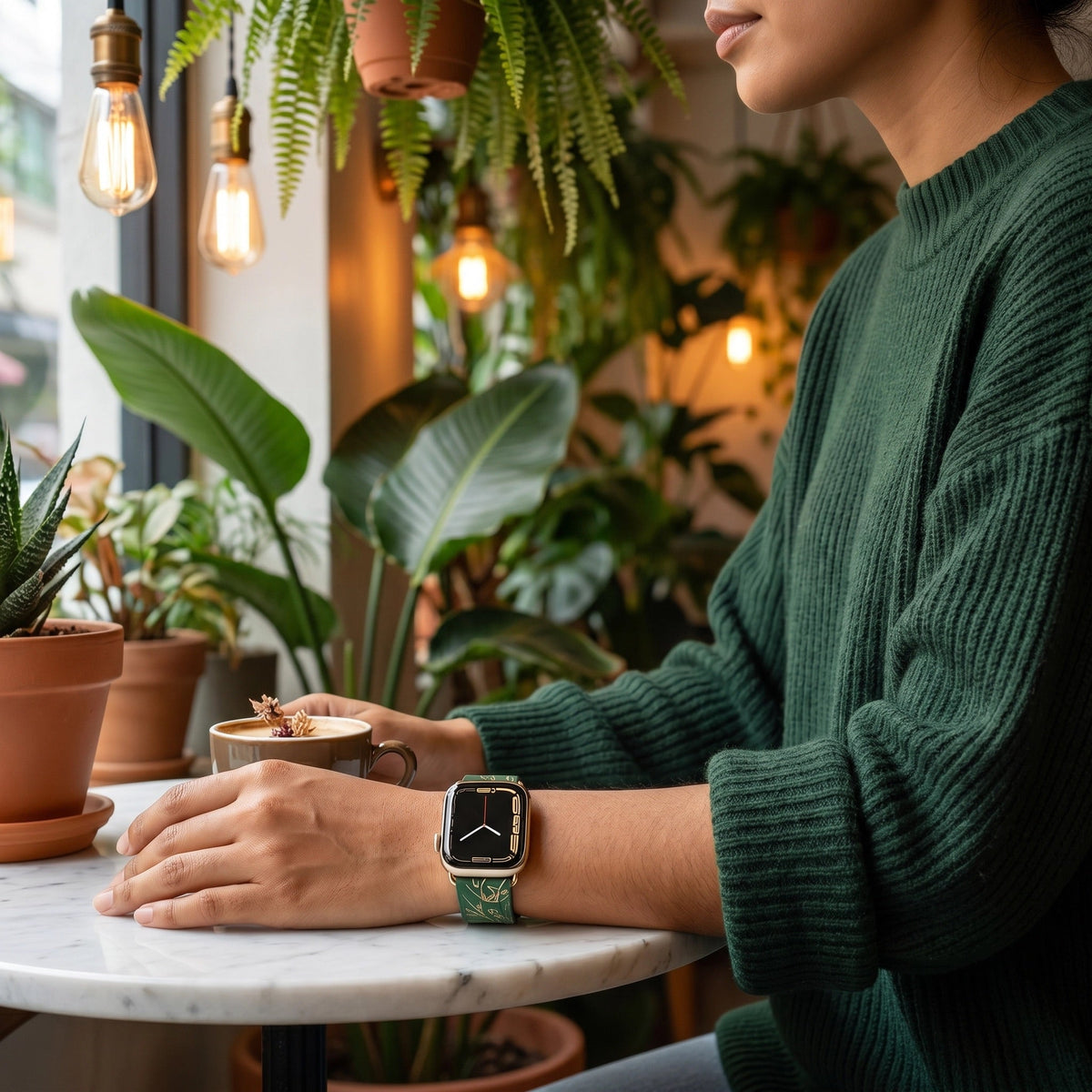 Apple Watch Armband aus Silikon, mit goldenem Blumenmuster bedruckt, Dornschließe, Modell Jendie