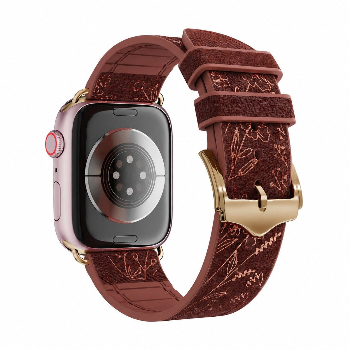 Apple Watch Armband aus Silikon, mit goldenem Blumenmuster bedruckt, Dornschließe, Modell Jendie
