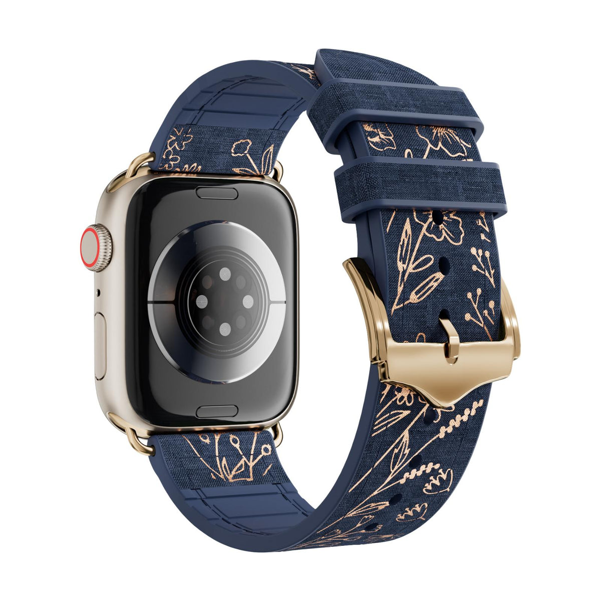 Apple Watch Armband aus Silikon, mit goldenem Blumenmuster bedruckt, Dornschließe, Modell Jendie