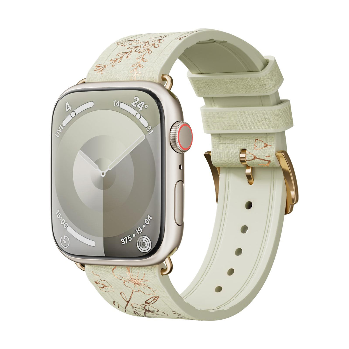 Apple Watch Armband aus Silikon, mit goldenem Blumenmuster bedruckt, Dornschließe, Modell Jendie