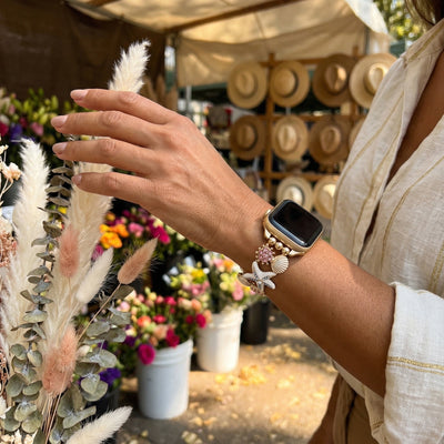 Bracelet Apple Watch femme, motifs marins, étoiles de mer, coquillages, strass colorés, alliage métallique, élastique, modèle Mazia