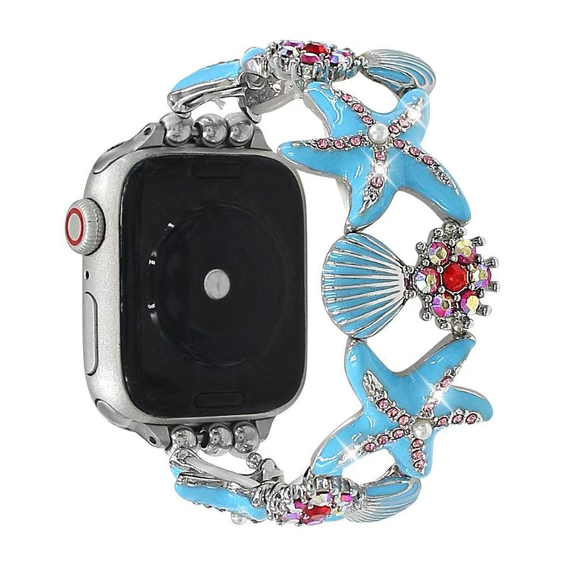 Apple Watch Bracelet for Women, Marine Patterns, Starfish, Seashells, Colorful Rhinestones, Metal Alloy, Elastic, Marina Model