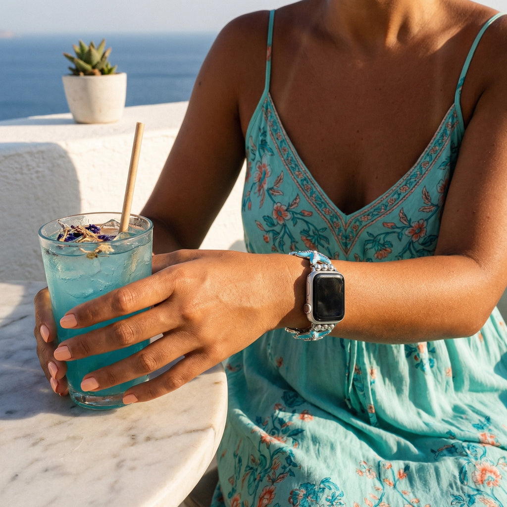 Apple Watch Bracelet for Women, Marine Patterns, Starfish, Seashells, Colorful Rhinestones, Metal Alloy, Elastic, Marina Model