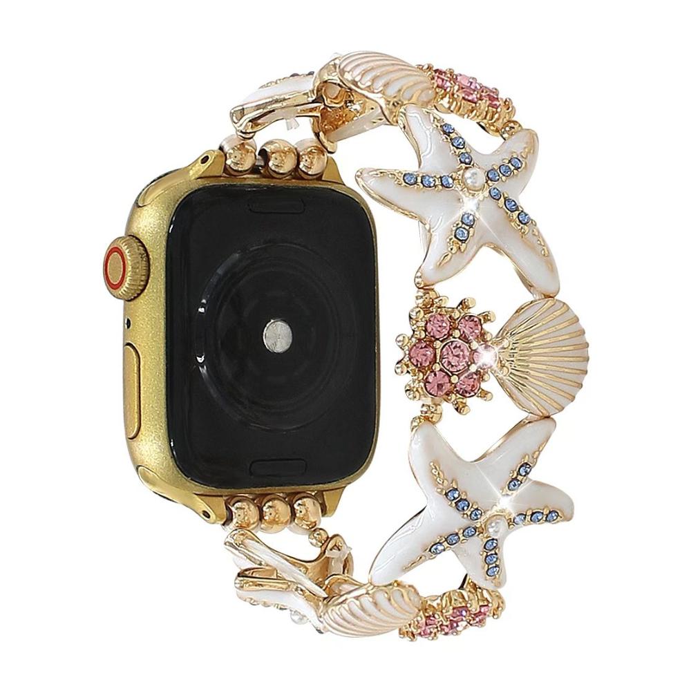 Apple Watch Bracelet for Women, Marine Patterns, Starfish, Seashells, Colorful Rhinestones, Metal Alloy, Elastic, Marina Model