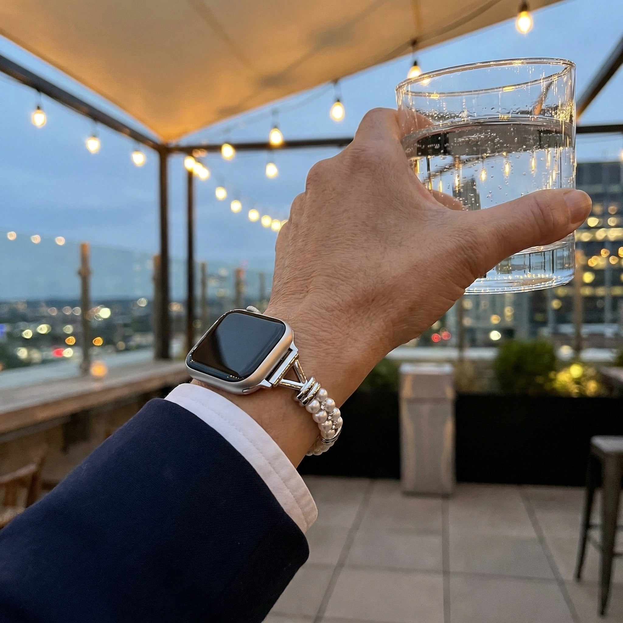 Apple Watch Bracelet for Women, White Beads and Modern Metal, Chic Look, Yizelle Model