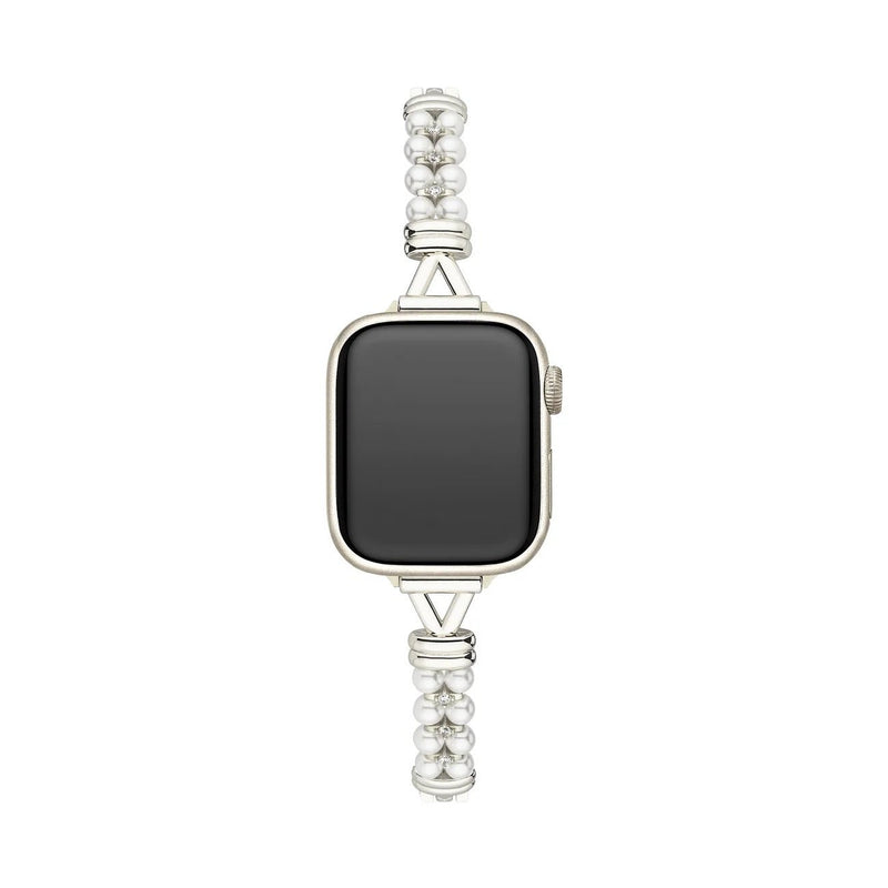Apple Watch Bracelet for Women, White Beads and Modern Metal, Chic Look, Yizelle Model