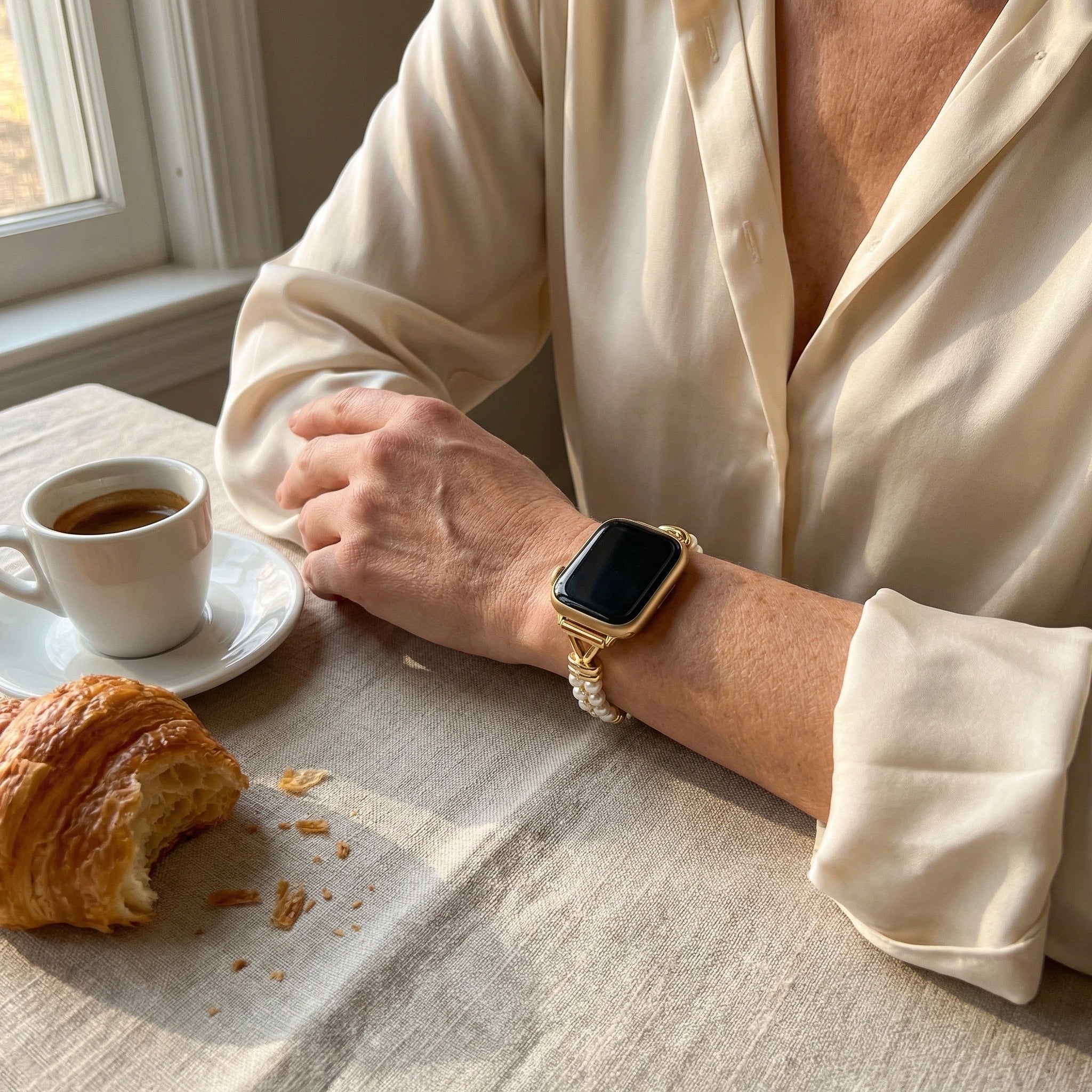 Apple Watch Bracelet for Women, White Beads and Modern Metal, Chic Look, Yizelle Model