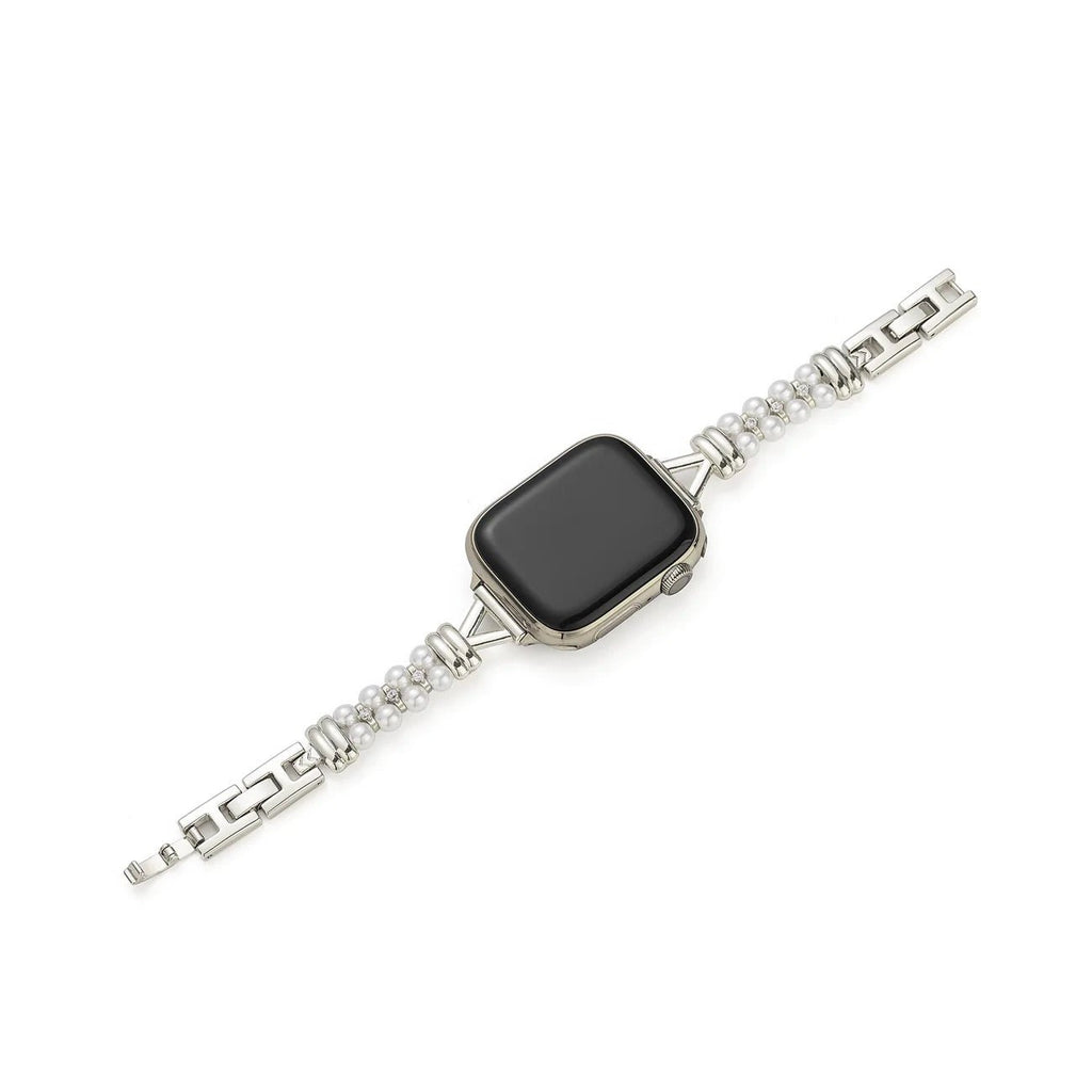 Apple Watch Bracelet for Women, White Beads and Modern Metal, Chic Look, Yizelle Model