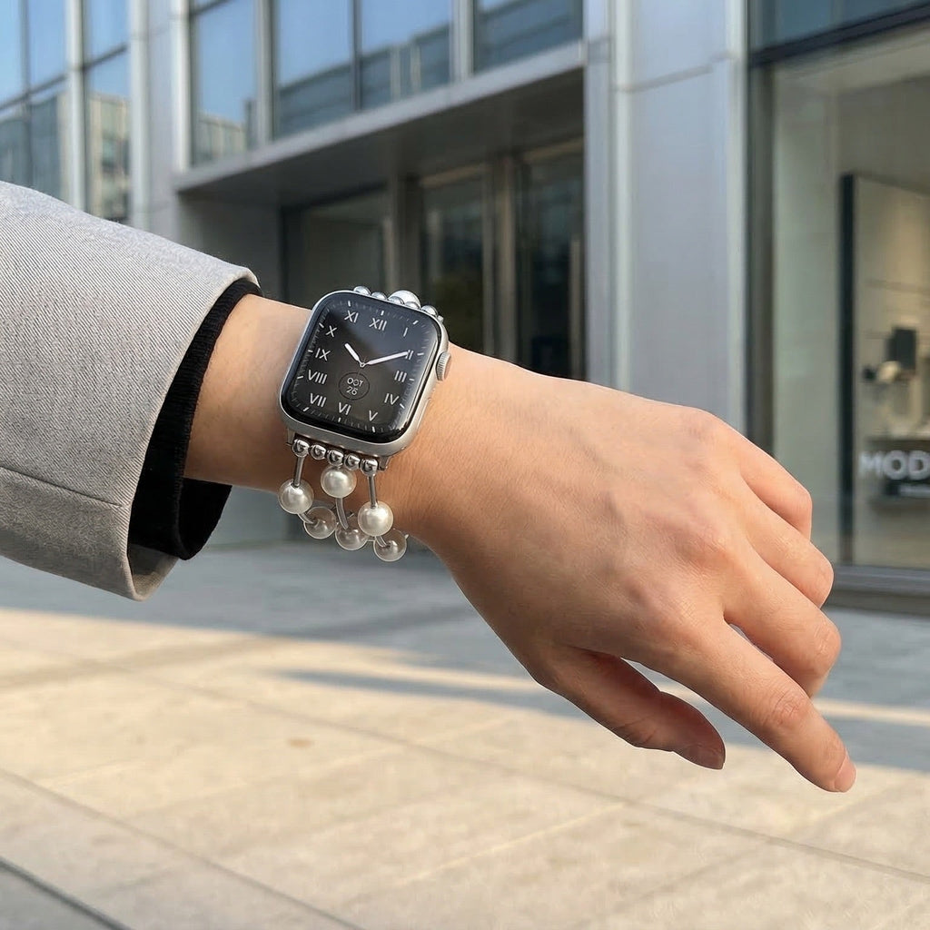 Bracelet Apple Watch femme, perles blanches, alliage doré ou argenté, élastique, bijou élégant, modèle Yourie