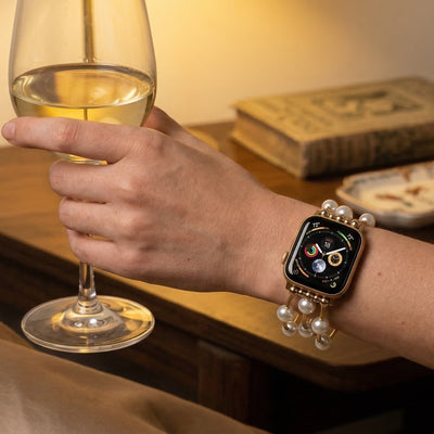 Apple Watch Bracelet for Women, White Beads, Gold or Silver Alloy, Elastic, Elegant Jewelry, Yourie Model