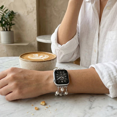 Apple Watch Bracelet for Women, White Beads, Gold or Silver Alloy, Elastic, Elegant Jewelry, Yourie Model