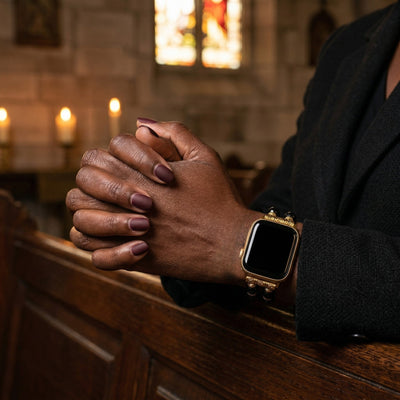 Faceted Glass Bead Apple Watch Bracelet with Hammered Gold Cross, Women's Chrisma Model