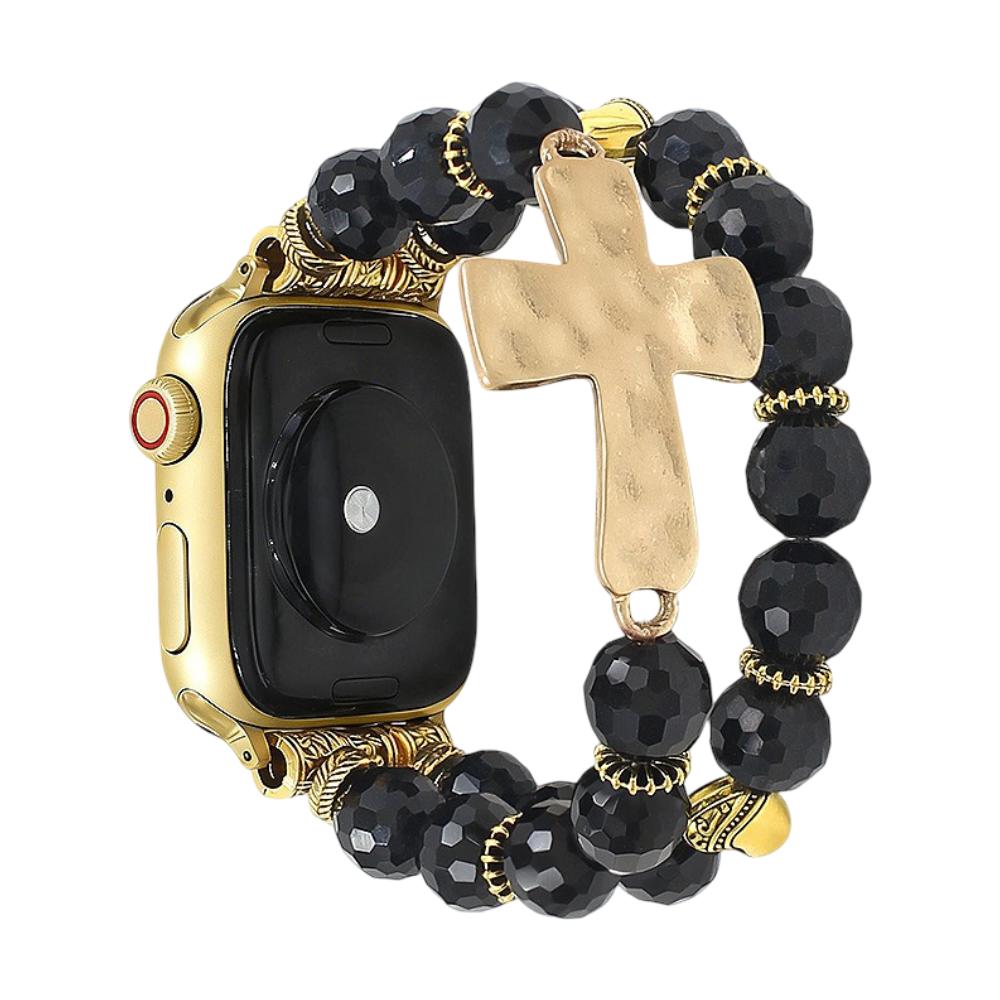Women's Apple Watch Bracelet, Crystal Beads, Gold Christian Cross, Elastic, Spiritual Jewelry, Chrisma Model