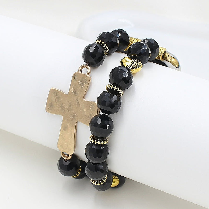 Women's Apple Watch Bracelet, Crystal Beads, Gold Christian Cross, Elastic, Spiritual Jewelry, Chrisma Model