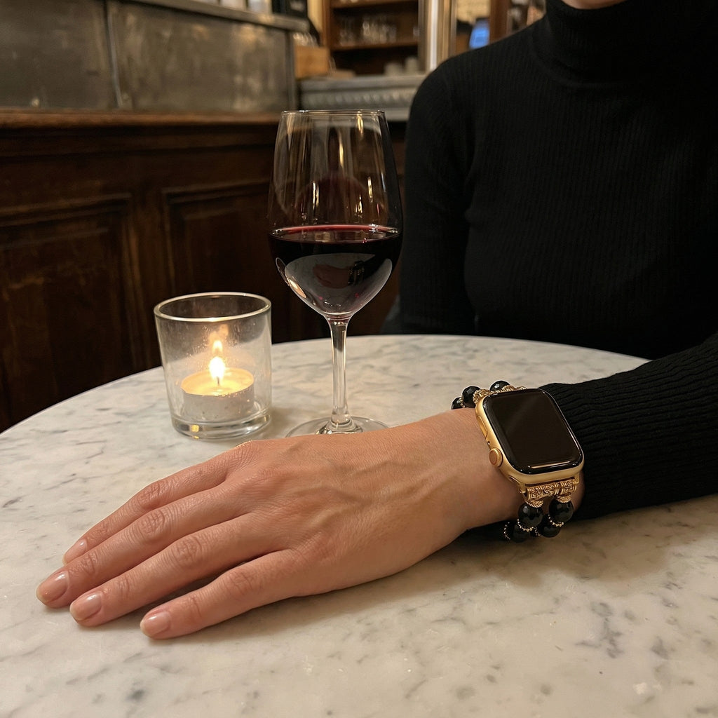 Women's Apple Watch Bracelet, Crystal Beads, Gold Christian Cross, Elastic, Spiritual Jewelry, Chrisma Model