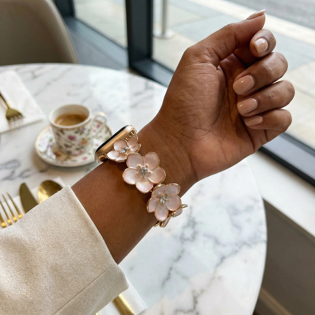 Florianne Floral Alloy Apple Watch Bracelet, Elegant Feminine Jewelry, Refined Wrist Accessory, Floral Set for Smartwatch