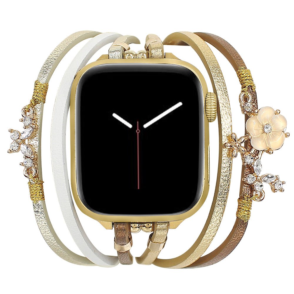 Bracelet Apple Watch habillé femme, en cuir, bracelet multi-tours doré, bracelet look floral, modèle Florence