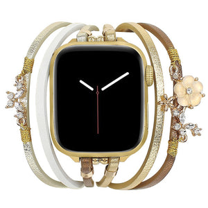 Elegantes Apple Watch Armband für Damen, aus Leder, mehrreihiges Armband in Gold, Armband mit floralem Design, Modell Florence